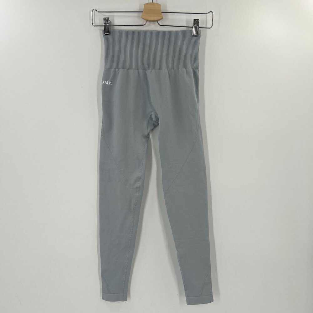 Stax Seamless High Waisted Leggings S Small Blue Grey‎ Ribbed Waistband Gym